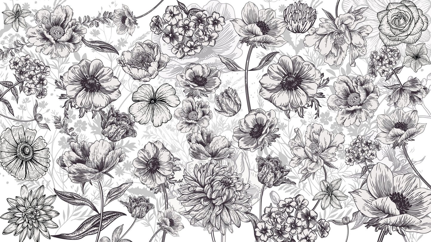 Black and White Flower Wallpaper Mural. #6676