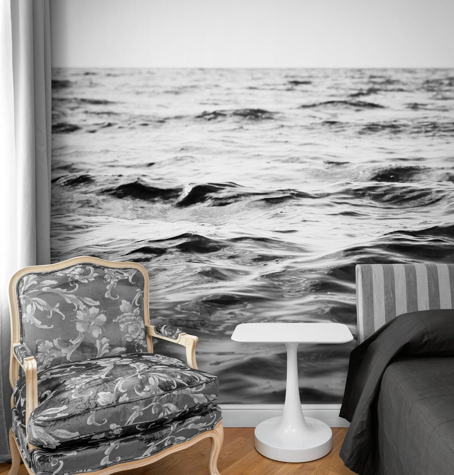 Black and White Ocean Wave Wallpaper. Peel and Stick Wall Mural. #6691