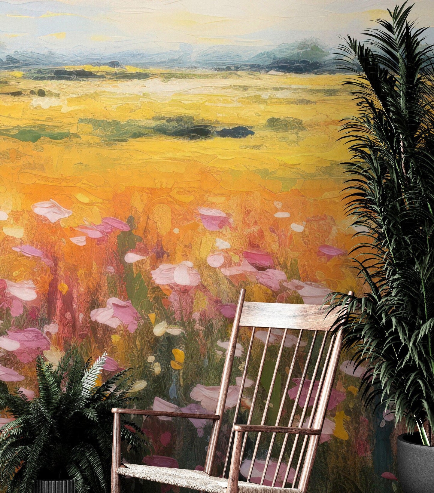 Colorful Yellow Flower Field Painting Wallpaper Mural. #6692