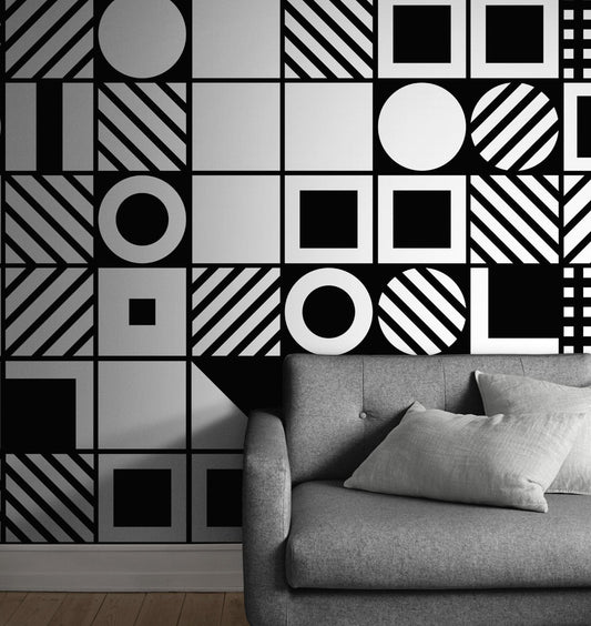 Black and White Geometric Shapes Wallpaper Mural Wall Art. #6710