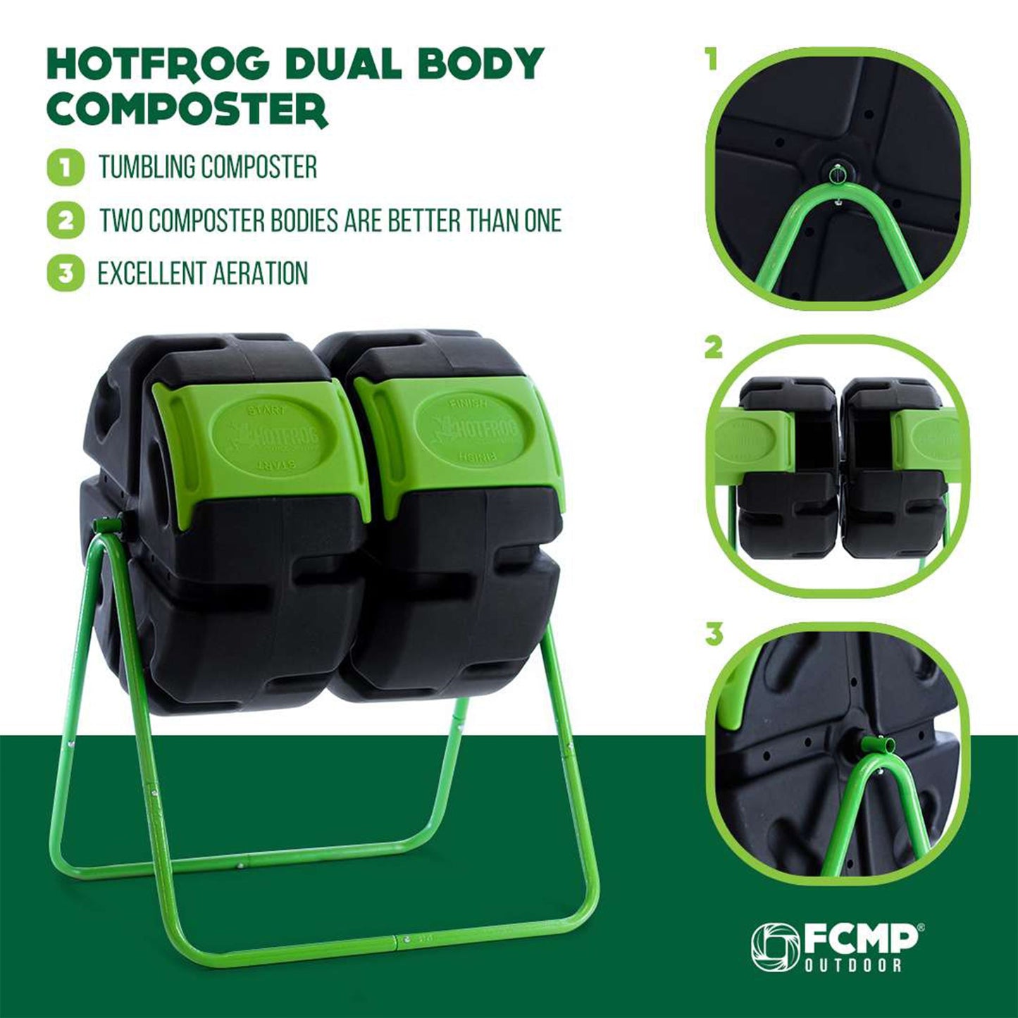 FCMP Outdoor HOTFROG 37 Gallon Dual Body Rotating Tumbling Composter Bin, Green