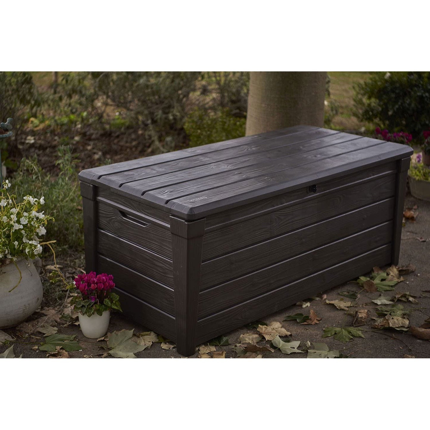 Keter Brightwood 120gal Weatherproof Resin Patio Deck Storage Box Bench, Brown