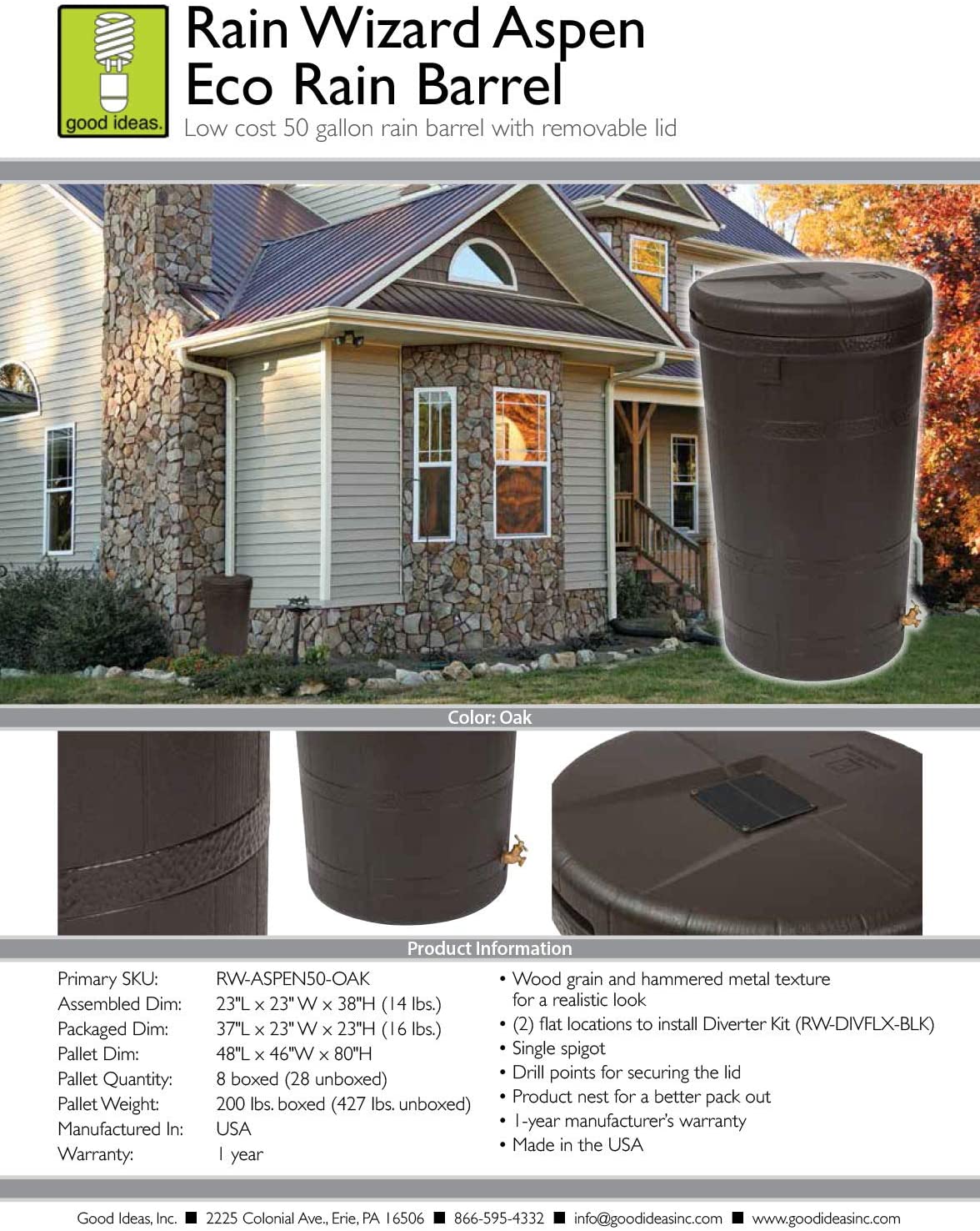 Good Ideas Aspen ECO 50 Gallon Outdoor Rain Barrel Water Storage Collector, Oak