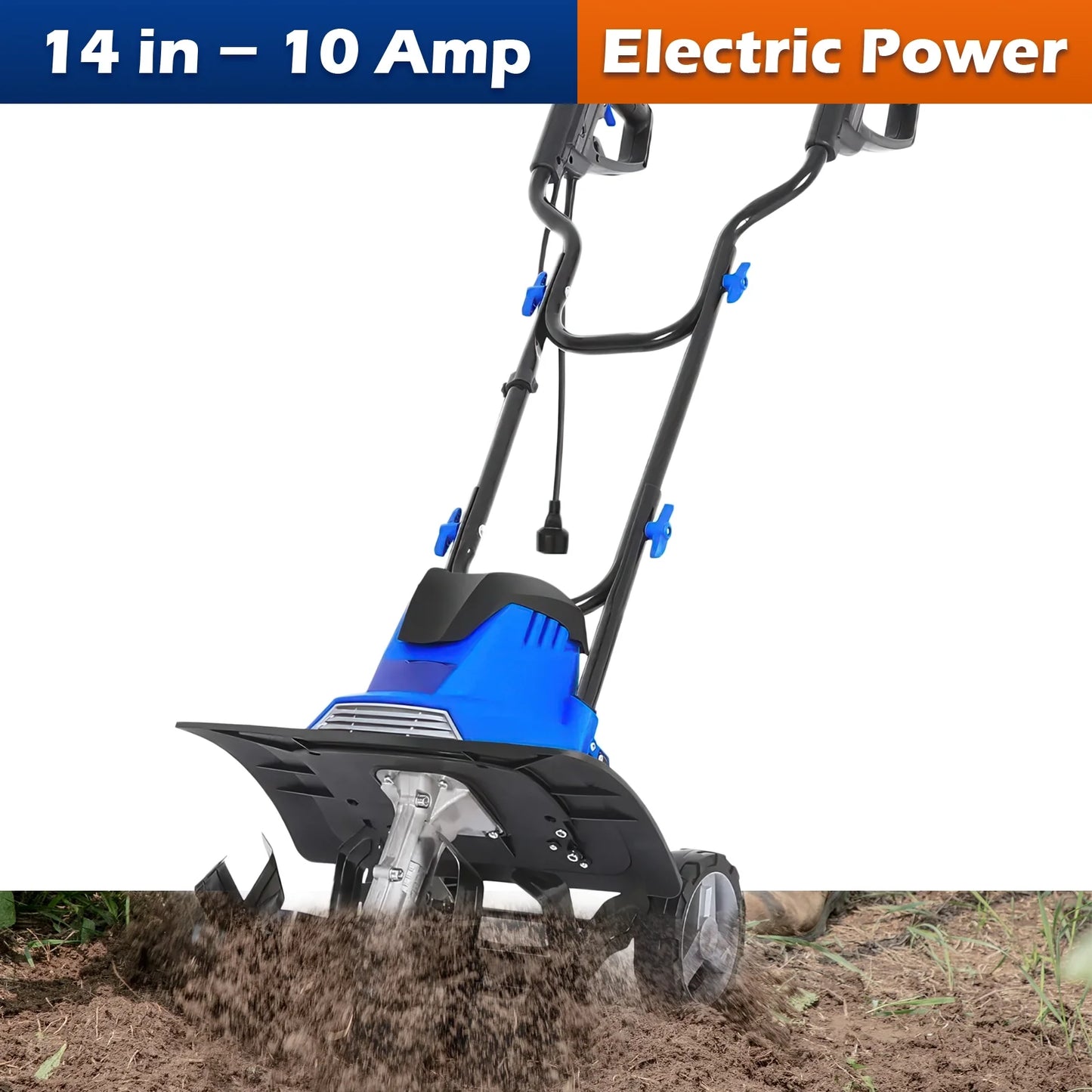 14-inch Tiller Cultivator with 10 Amp Motor, 4 Steel Tines, Foldable Design for Gardening. Electric Garden Rototiller with Adjustable Wheels.