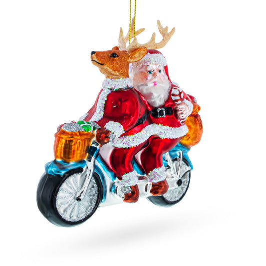 Santa and Reindeer Riding a Tandem Bike Blown Glass Christmas Ornament