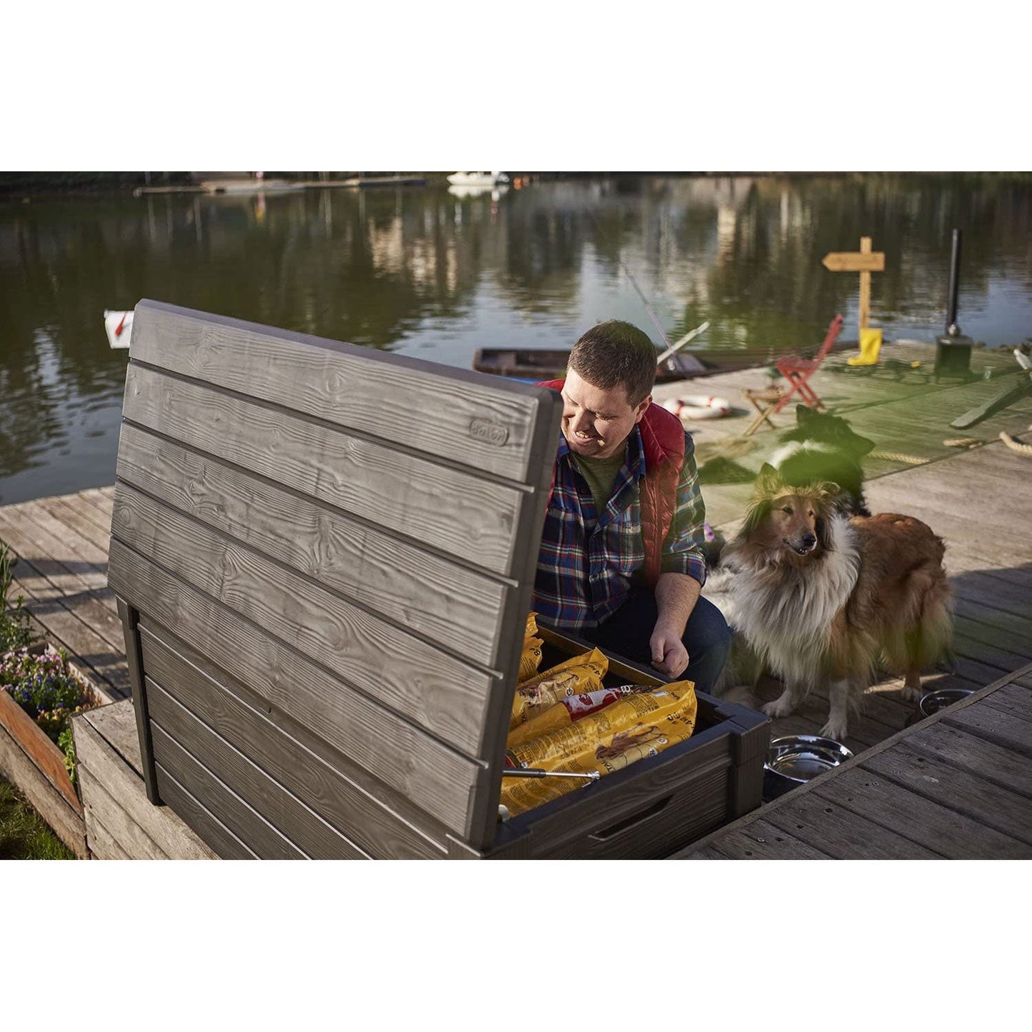 Keter Brightwood 120gal Weatherproof Resin Patio Deck Storage Box Bench, Brown