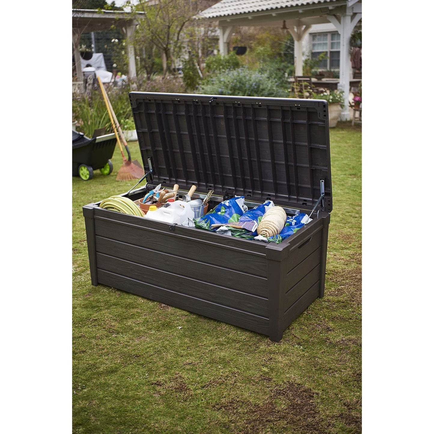 Keter Brightwood 120gal Weatherproof Resin Patio Deck Storage Box Bench, Brown