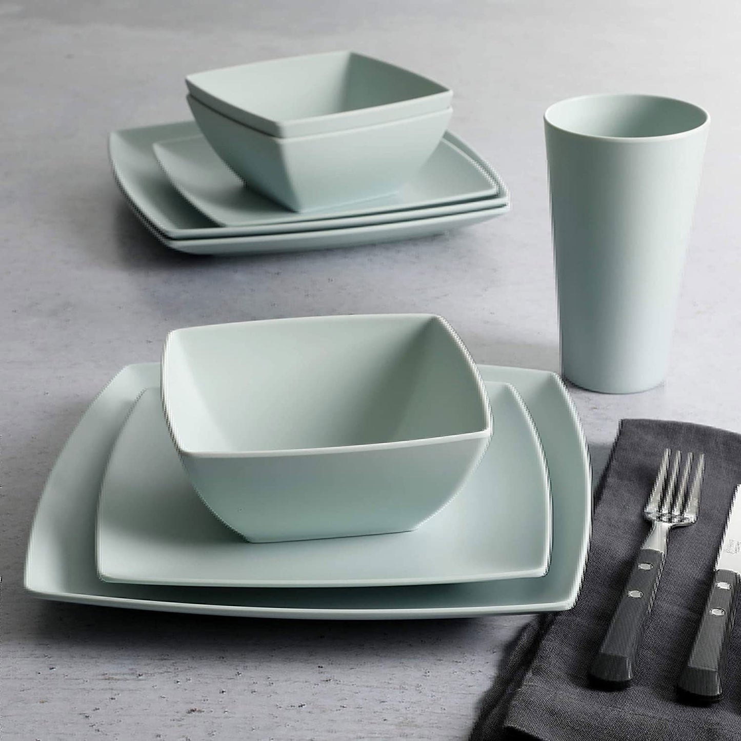 Gibson Home 16 Piece Square Melamine Dinnerware Set Plates, Bowls, & Cups, Mint