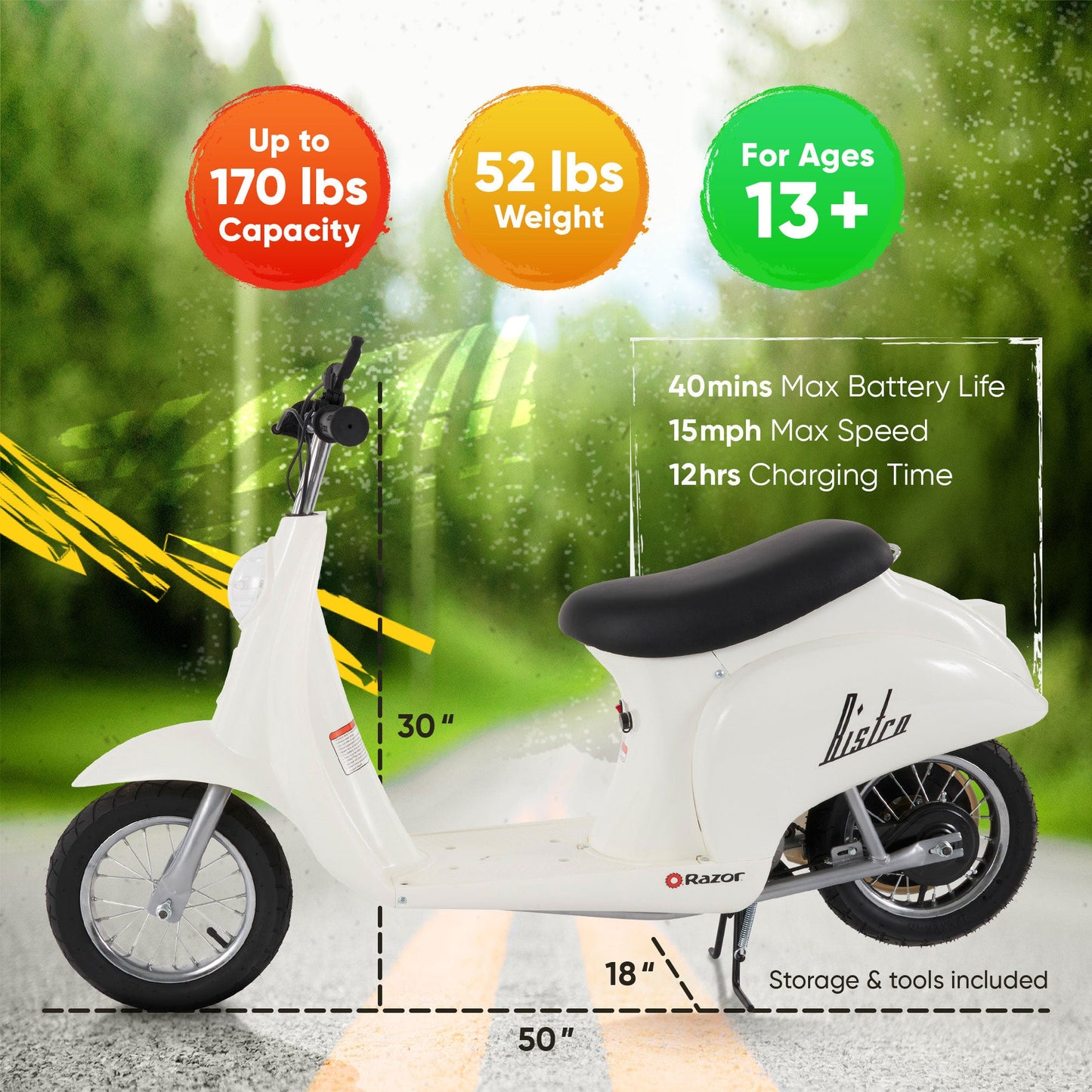 Razor Pocket Mod Miniature Euro 24V Electric Kids Ride On Retro Scooter, White