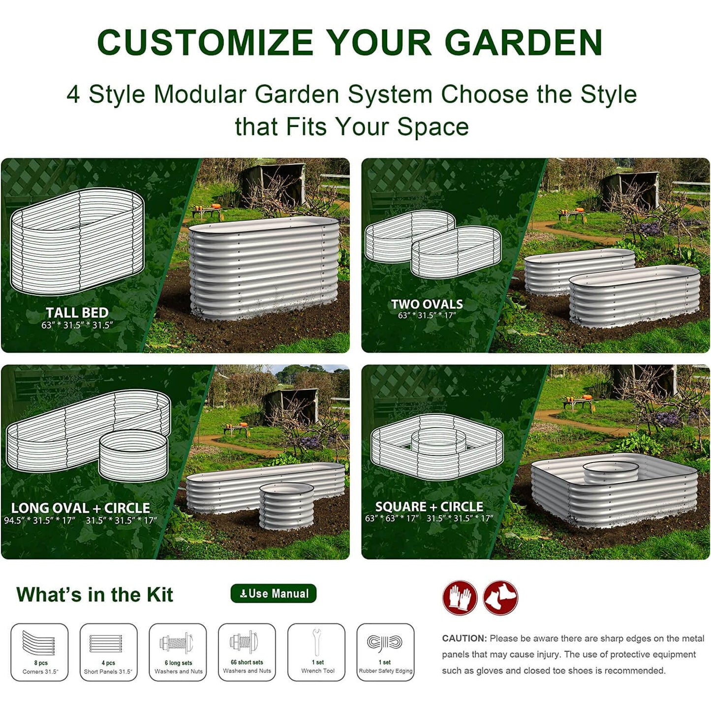 Olle 4-Style Modular Galvanized Raised Garden Beds, Ivory [Build 1 of 4 Configurations]