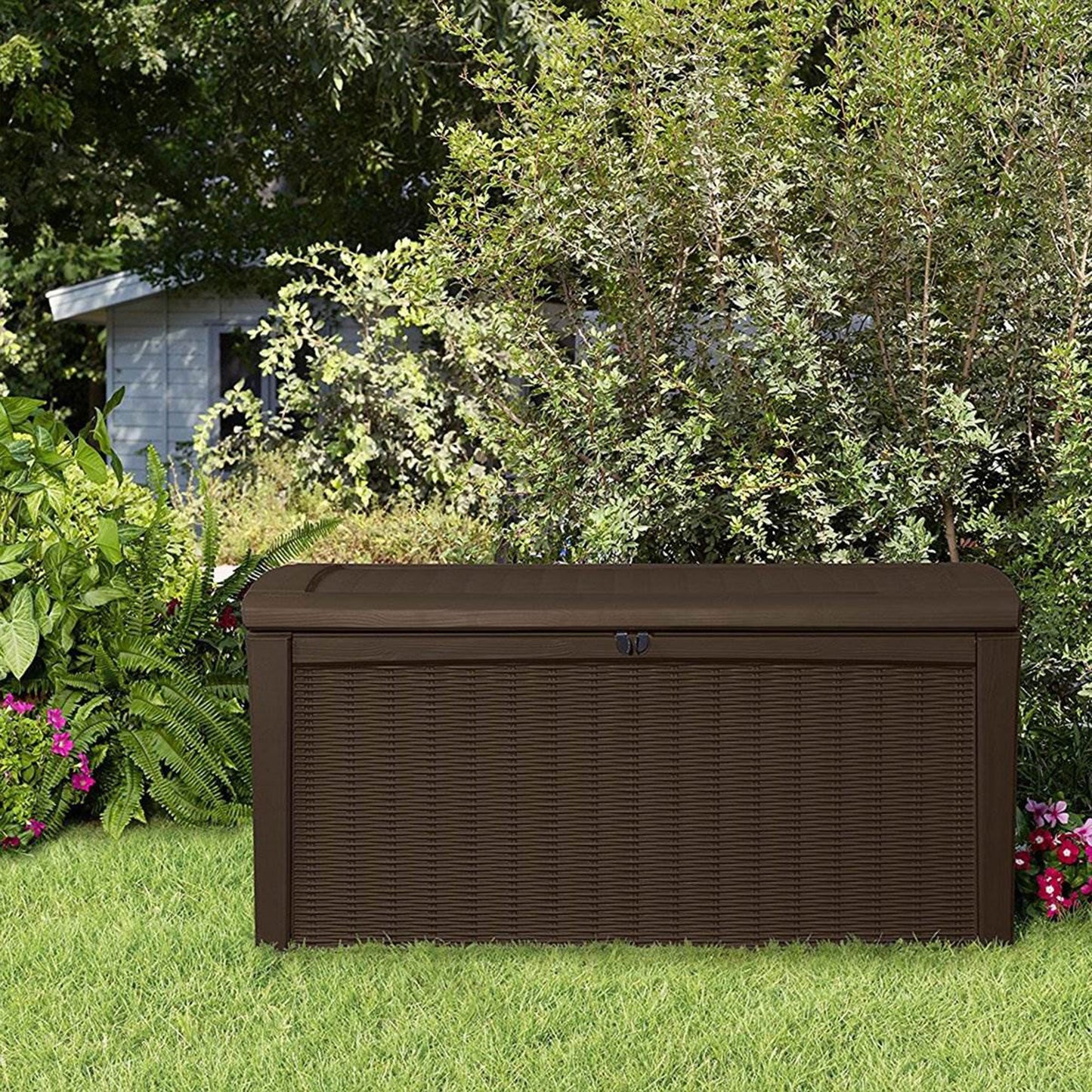 Keter Borneo 110 Gallon Rattan Wicker Resin Patio Deck Storage Box Bench, Brown