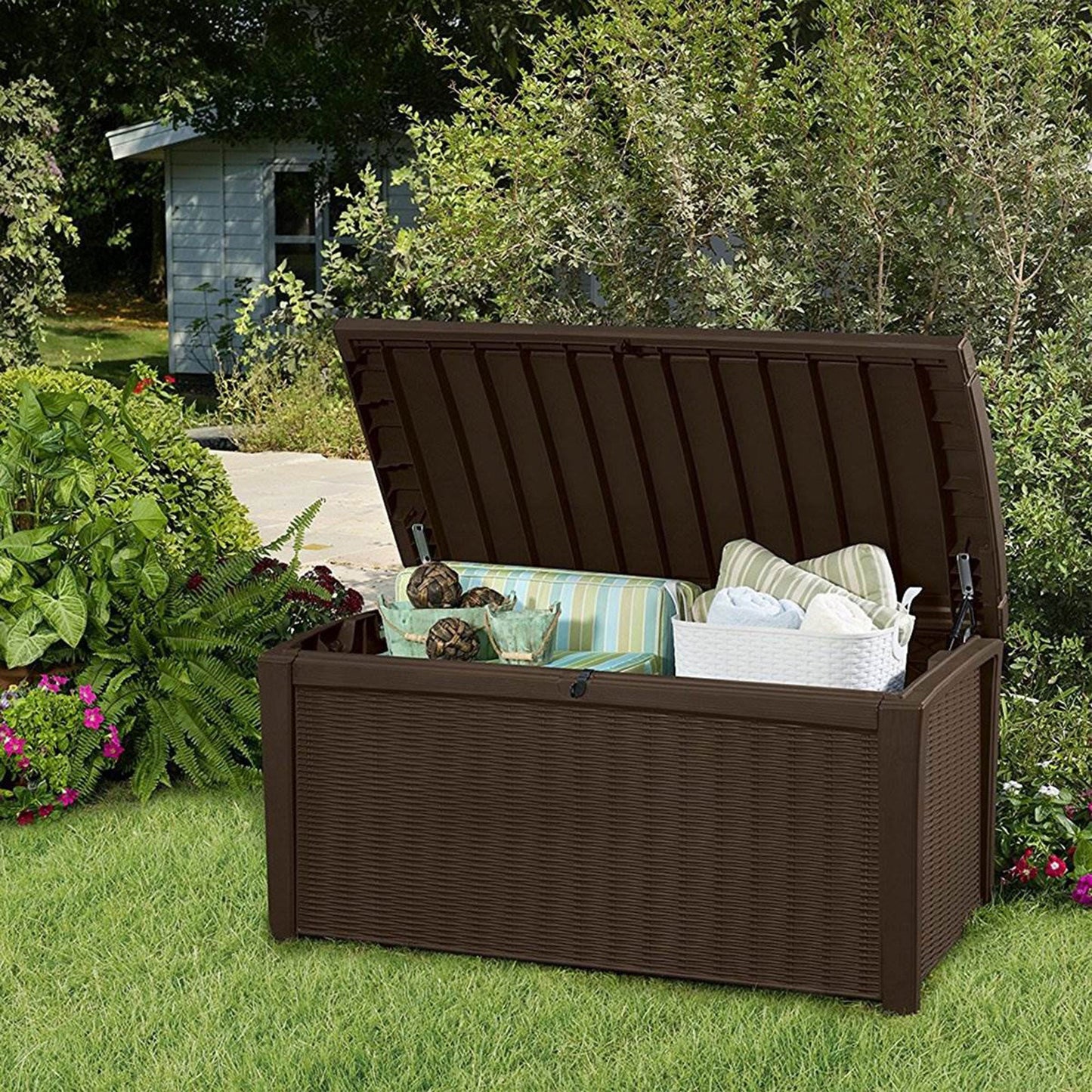 Keter Borneo 110 Gallon Rattan Wicker Resin Patio Deck Storage Box Bench, Brown