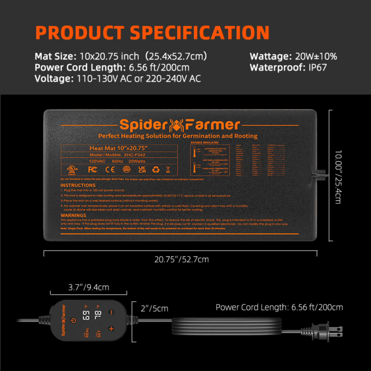 Spider Farmer 10" x 20.75" Seedling Heat Mat and Controller Set