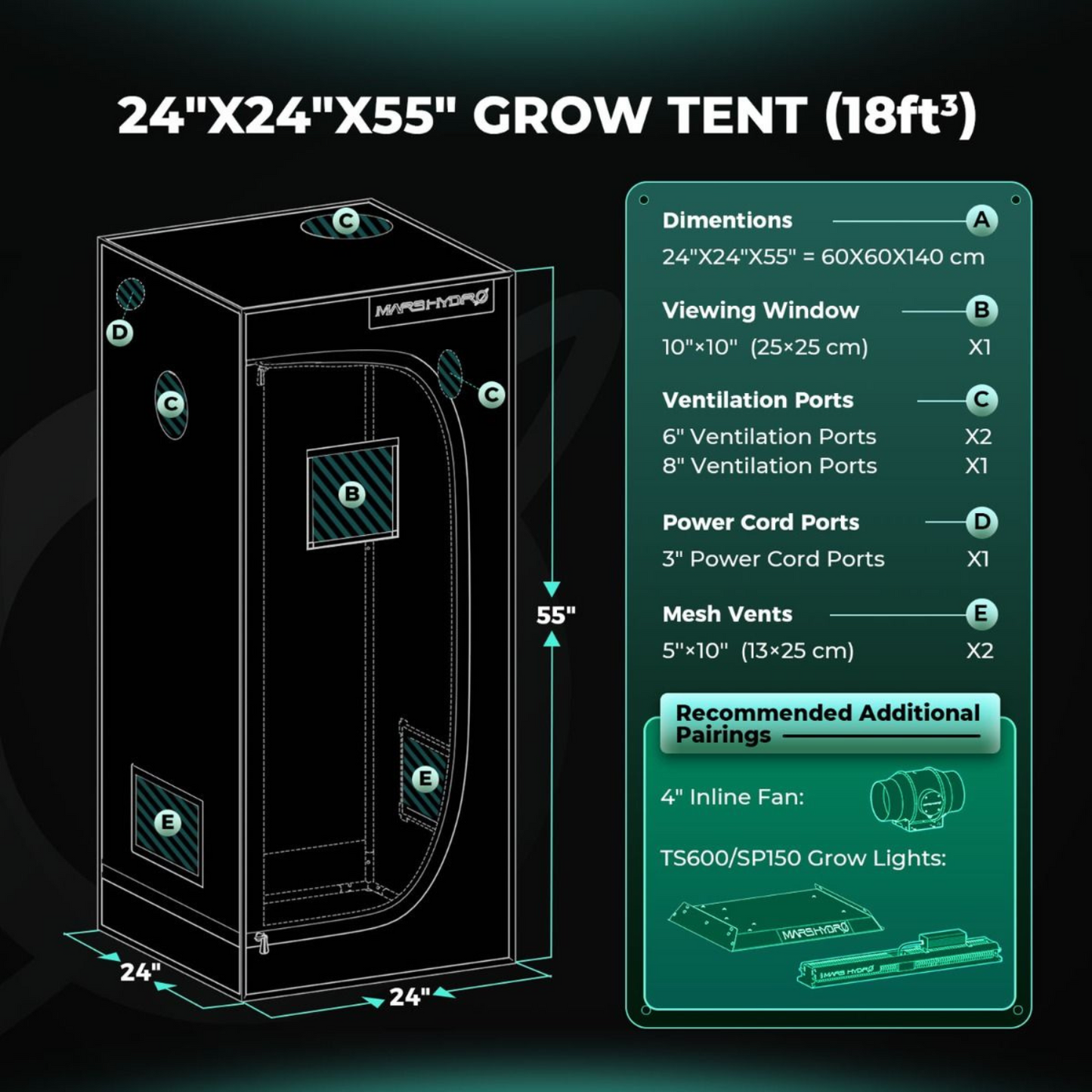 Mars Hydro TS 600 LED Grow Light + 2' x 2' Grow Tent + Inline Fan Combo with Speed Controller