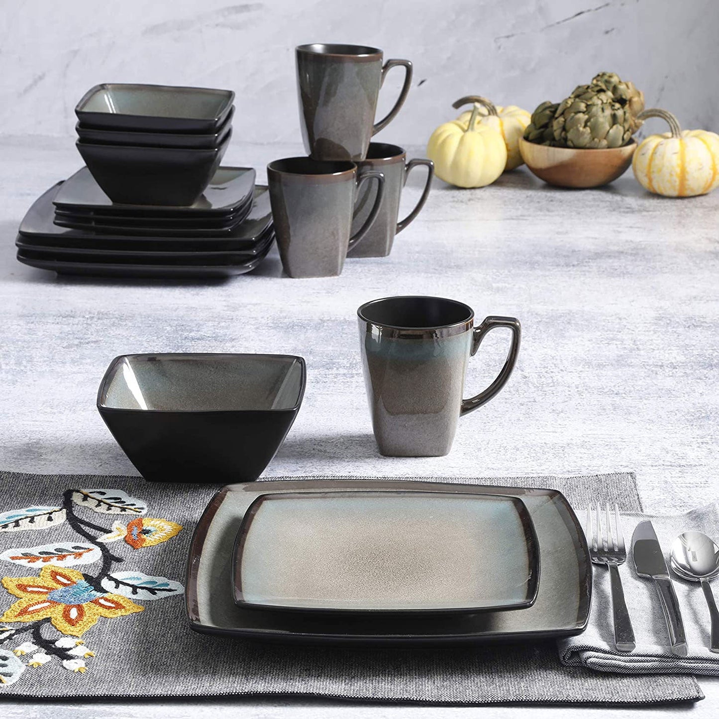 Gibson Elite 16 Piece Glazed Dinnerware Set with Plates, Bowls, & Mugs (3 Pack)