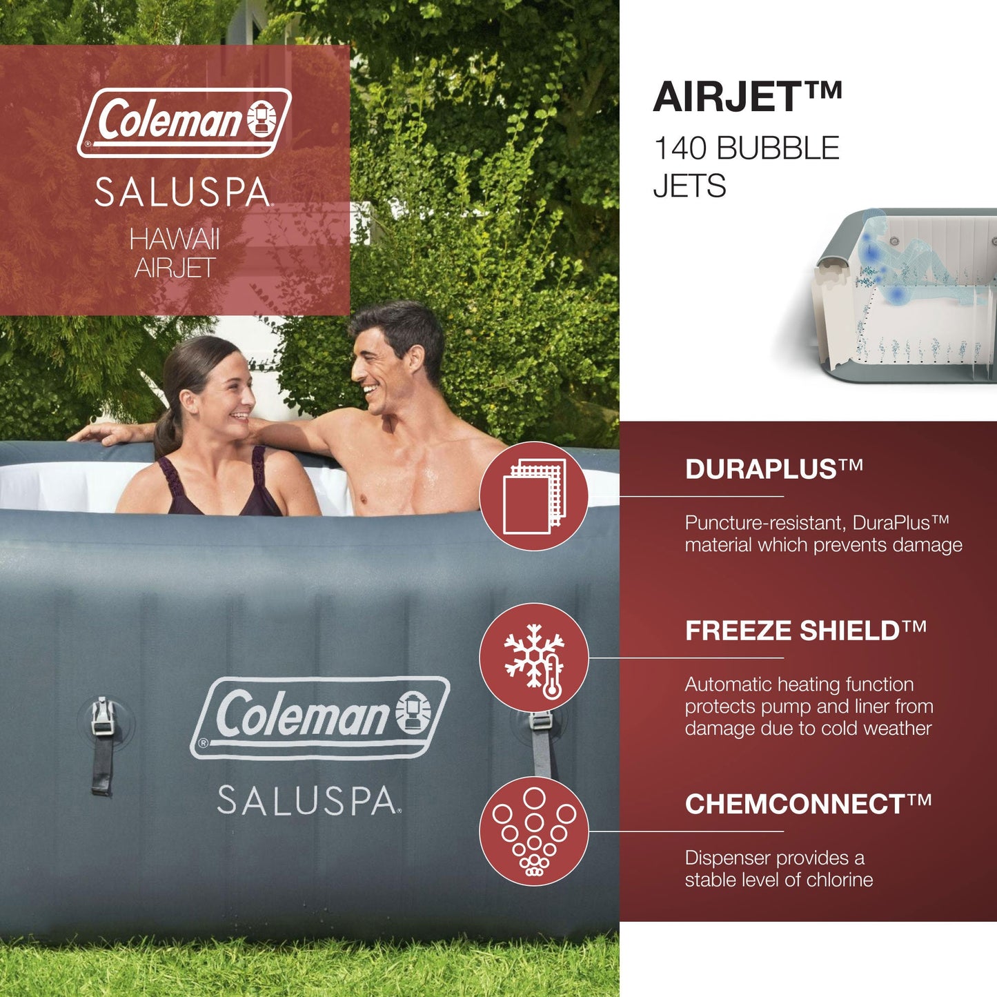 Coleman SaluSpa 4 Person Portable Inflatable Square Hot Tub & 12 Bestway Filters