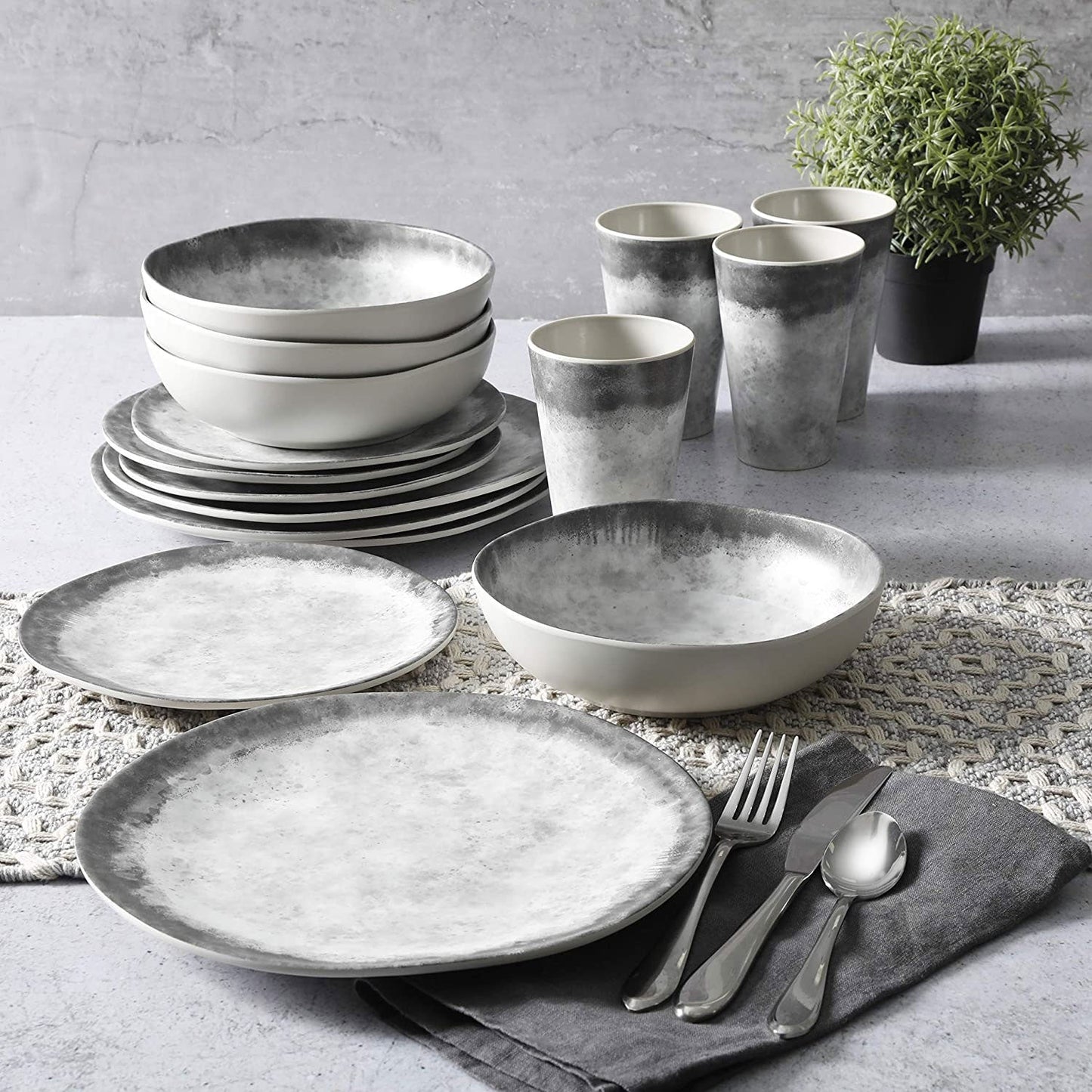 Gibson Home Granite 16 Piece Round Melamine Plate, Bowl, & Cup Dinnerware Set