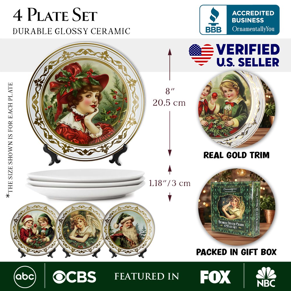 (Pre-Order) Victorian Elegance Set of 4 Plates with Real Gold Trim, Holiday Christmas Red and Green Tableware Collection for Salad, Dessert, Appetizer, and Side Plates