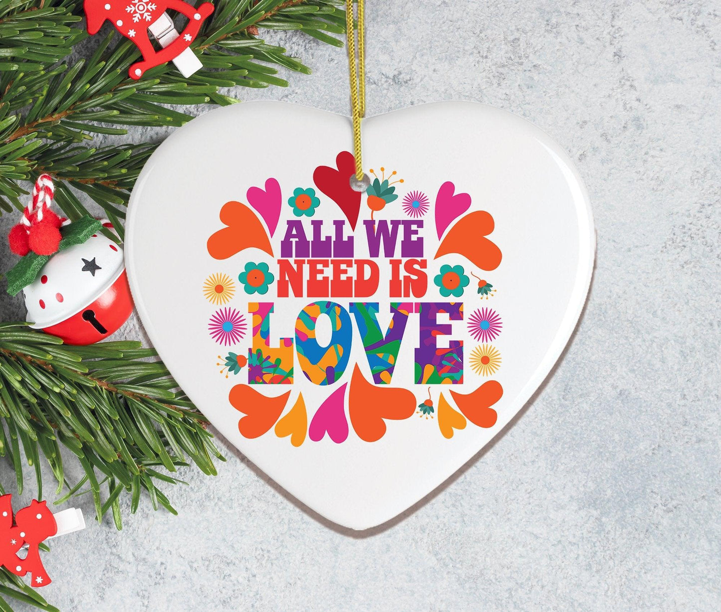 All We Need is Love Ornament, 1960s Hippy Psychedelic Style Christmas Decoration