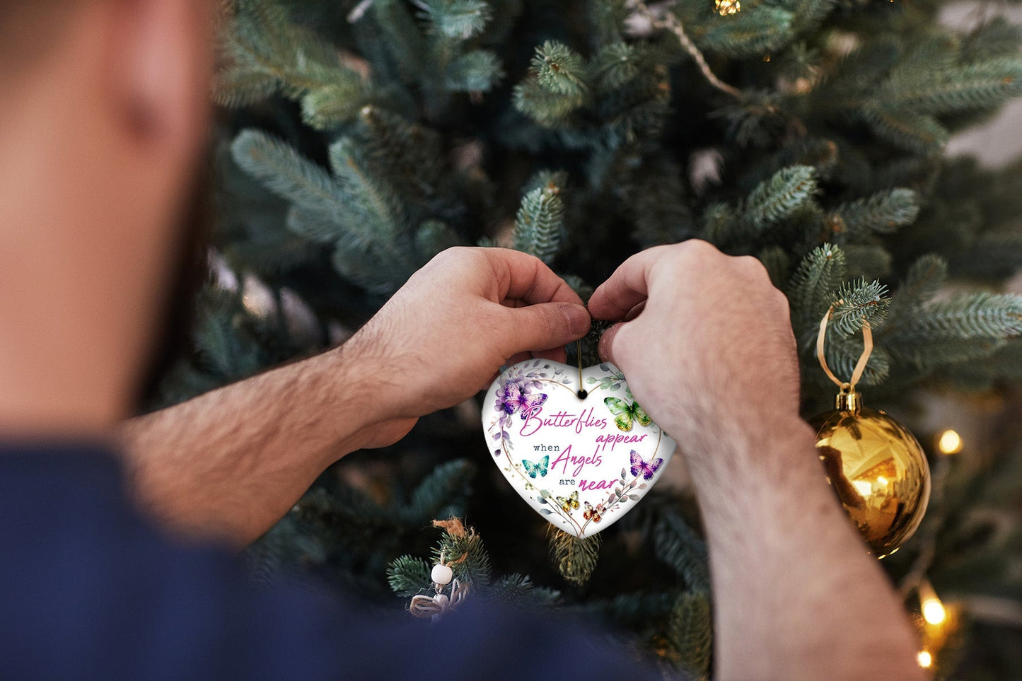 Artistic Butterflies Appear when Angels are Near Quote Ornament, Christmas Memorial Gift