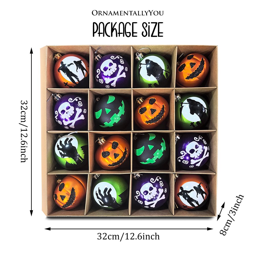 The Face of Spooky Horror 16 Piece Ornament Shatterproof Bundle Set, Halloween Pumpkin, Zombie, and Goblin