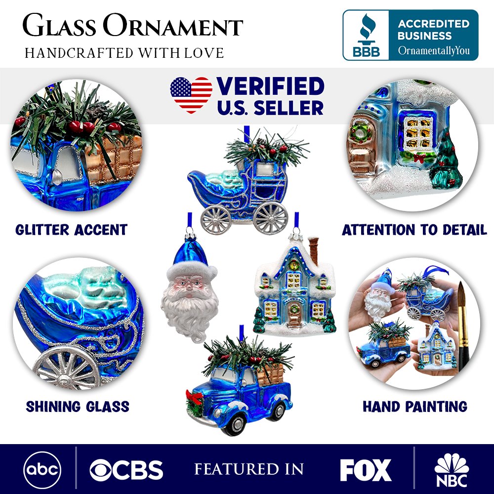 A Marvelous Blue Christmas Set of Four Glass Ornaments with Santa, Truck, Snow Cabin and Sleigh