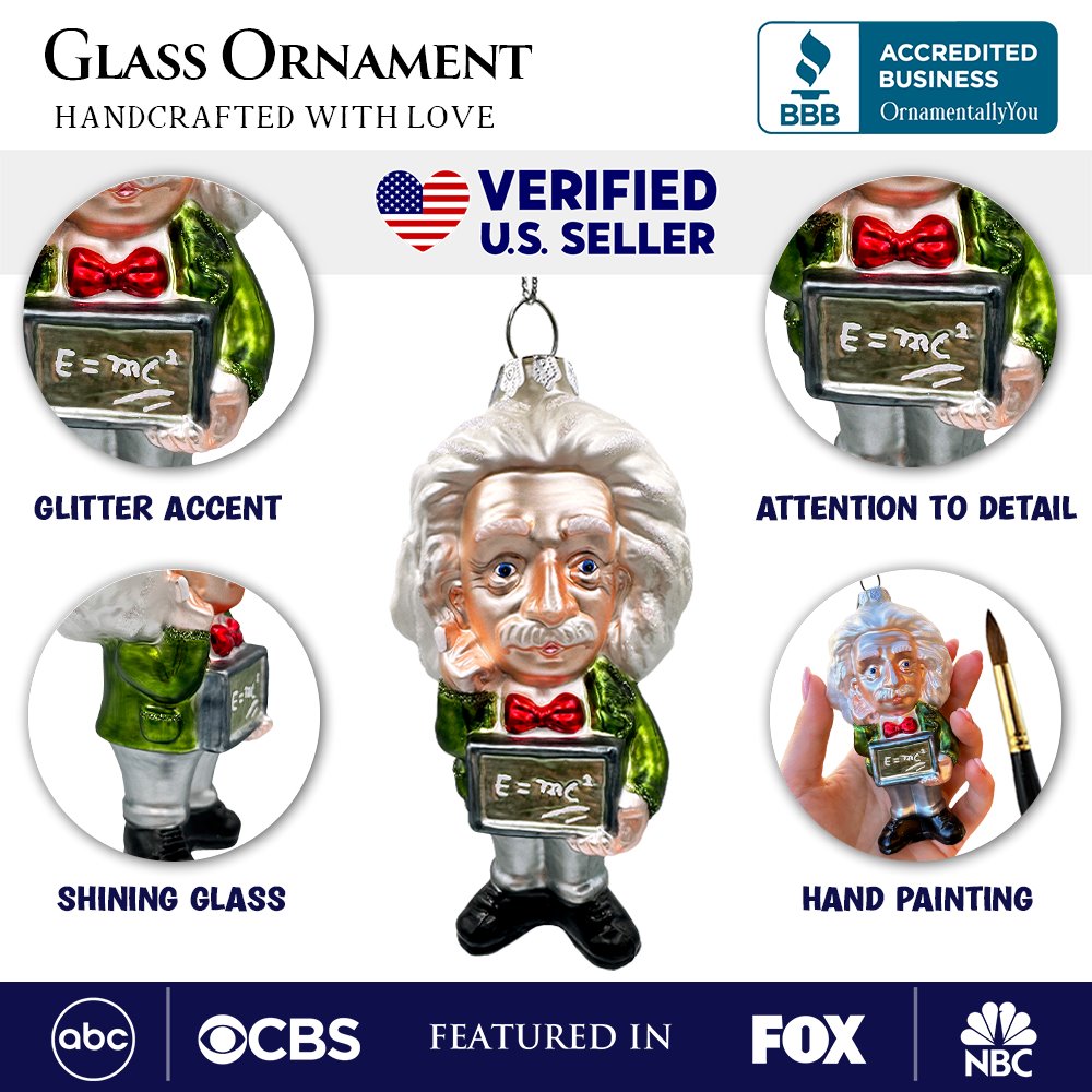 Albert Einstein Handcrafted Glass Ornament, Science and Physics Themed Christmas Gift