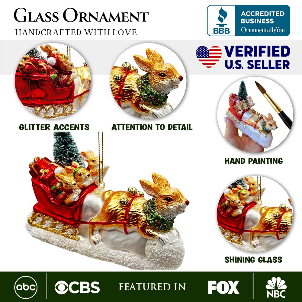 Enchanting Hare and Sleigh Glass Christmas Ornament, Elegant Hand Blown Tree Decor