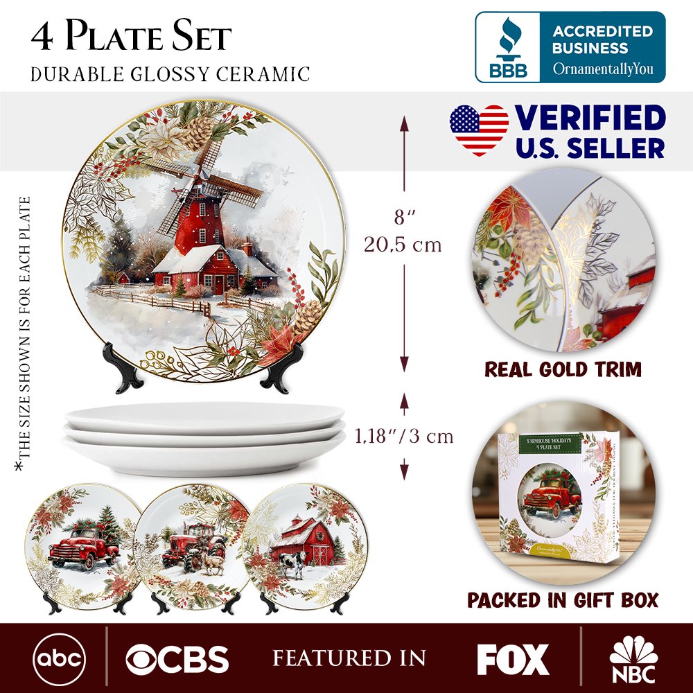 Decor Steals Special - Farmhouse Christmas Set of 4 Plates with Real Gold Elements, Holiday Tableware Collection for Salad, Dessert, Appetizer, and Side Plates (Copy)