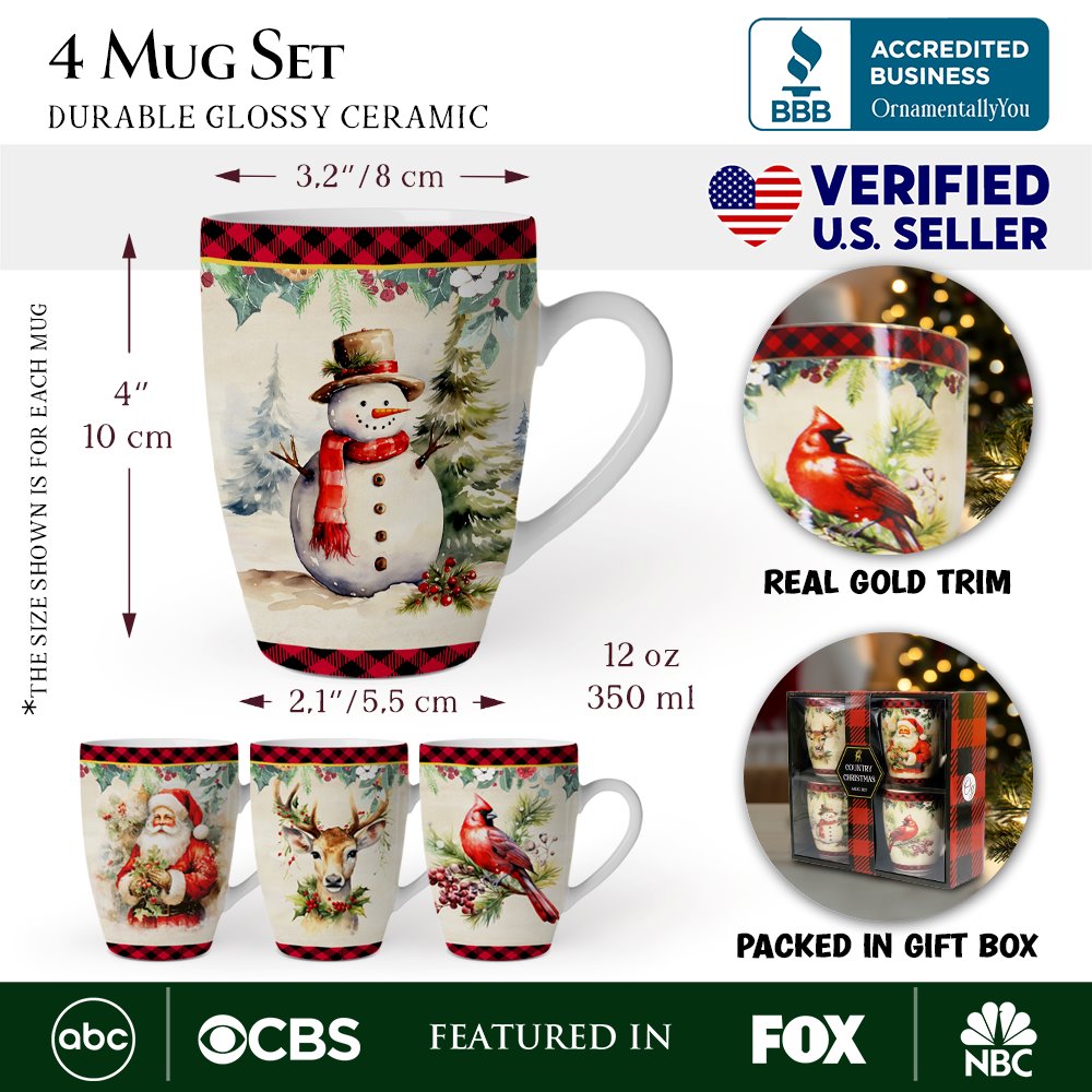 Festive Country Plaid Set of 4 Ceramic Mugs with Real Gold Trim, Christmas Kitchen Coffee Cup Gift with Santa, Cardinal, Deer, and Snowman