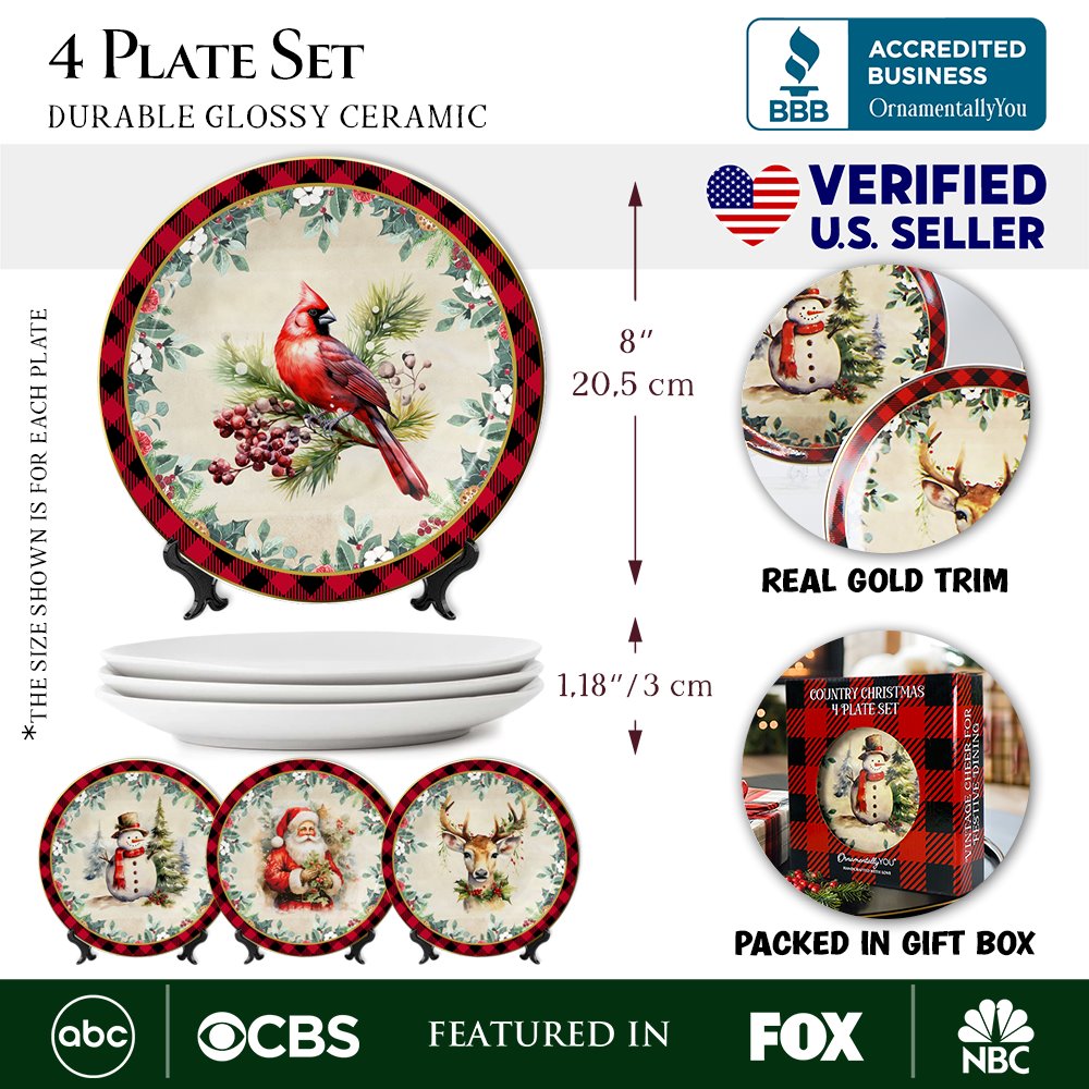 (Pre-Order) Holiday Cheer Set of 4 Plates with Real Gold Plaid Trim, Christmas Tableware Collection for Salad, Dessert, Appetizer, and Side Plates