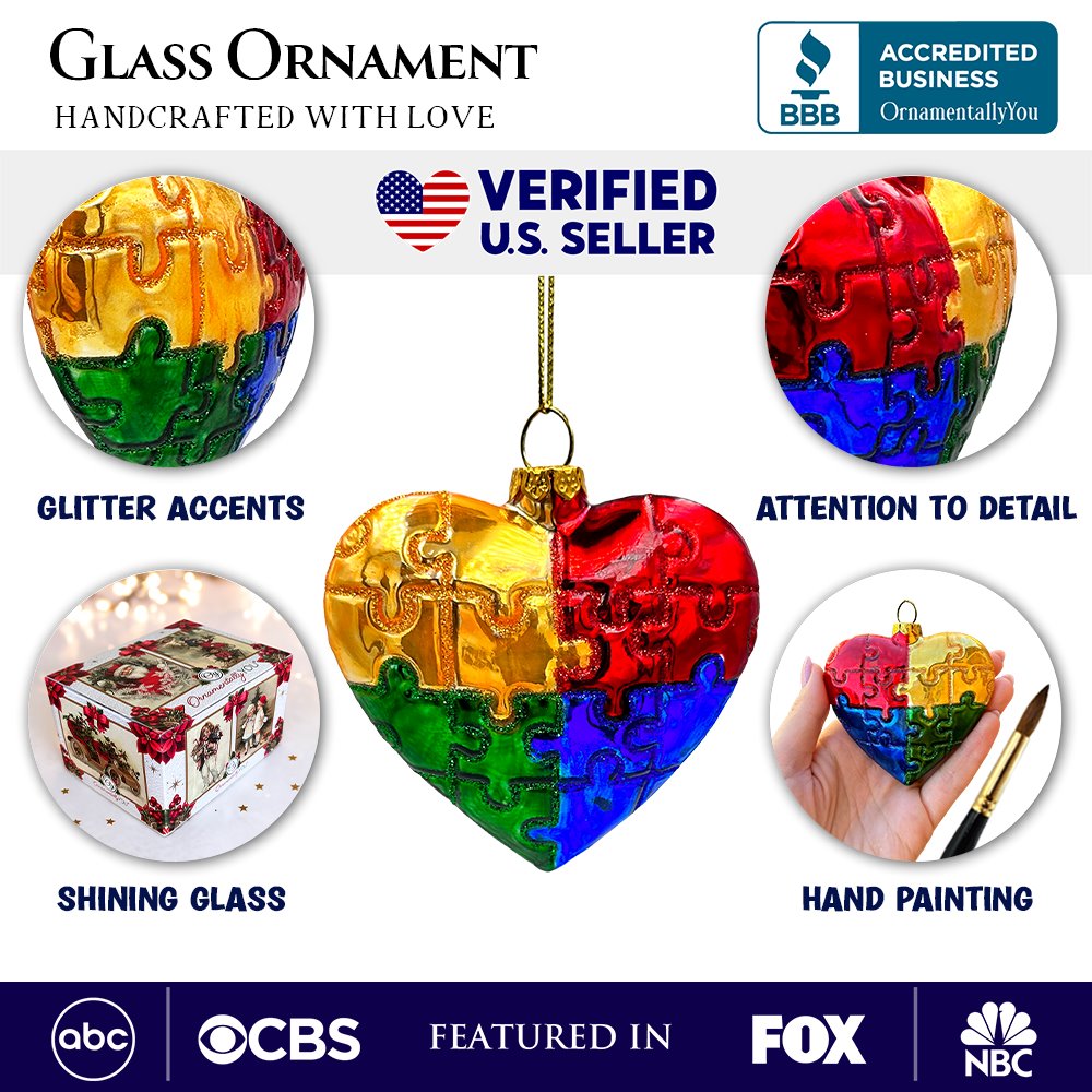 Sentimental Autism Heart Puzzle Glass Christmas Ornament, Autistic Child Parent Gift