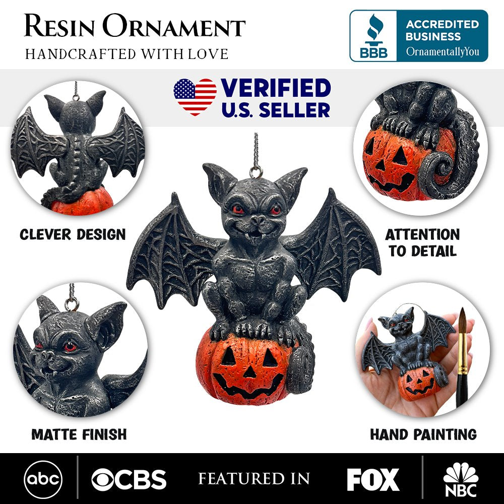 Spooky Gargoyle on a Pumpkin Ornament, Goth Halloween Themed Tree Decor