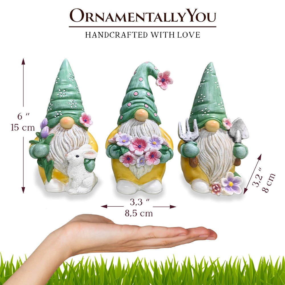 Garden Guardians Set of Three 6" Gardening Gnome Figurines, Floral Green and Yellow Statue Decor