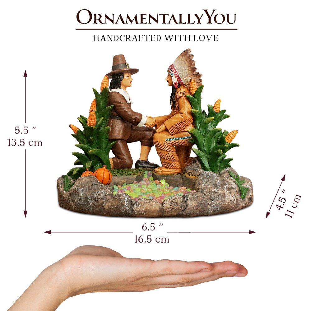 Harvest Harmony Kinship Between Native Americans and Pilgrims Figurine, 6" Fall Decor and Thanksgiving Statue