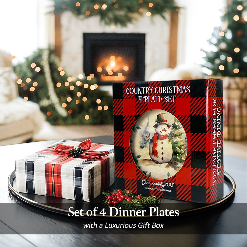 (Pre-Order) Holiday Cheer Set of 4 Plates with Real Gold Plaid Trim, Christmas Tableware Collection for Salad, Dessert, Appetizer, and Side Plates