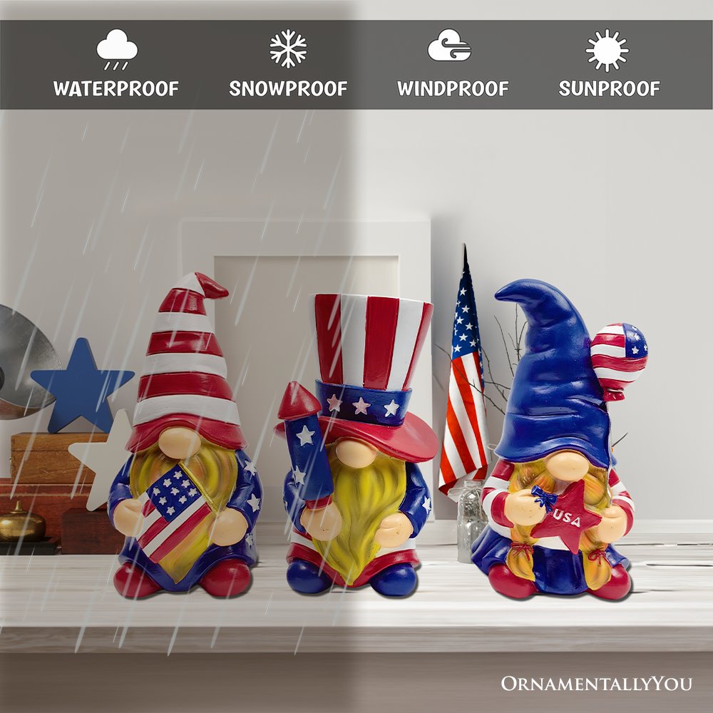 Patriotic Gnome Trio Figurines, 6" Set of Three Garden Statues and July 4th Decoration