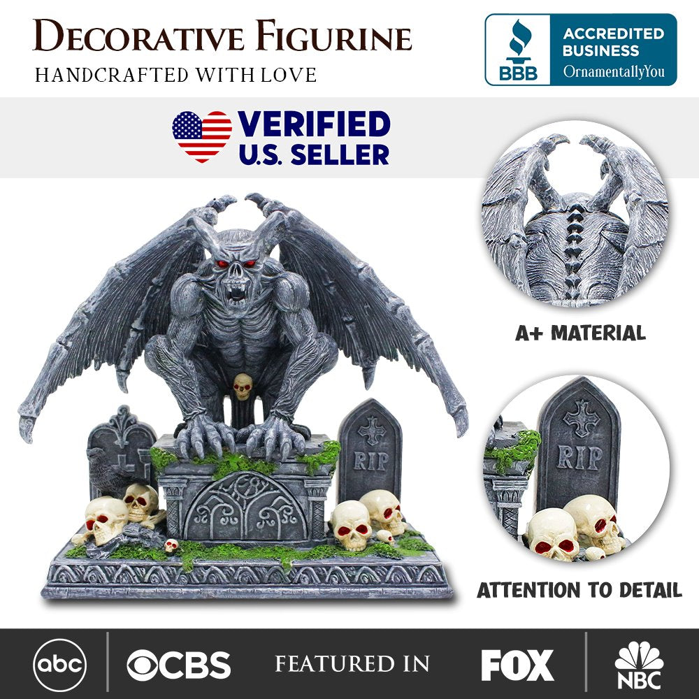 Grave Guardian Gargoyle Figurine, 7" Solar Powered Gothic Halloween Garden Statue