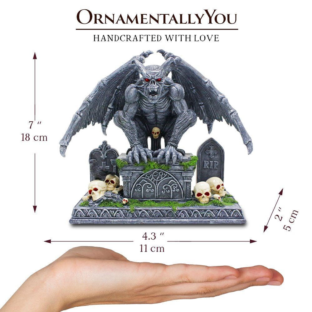 Grave Guardian Gargoyle Figurine, 7" Solar Powered Gothic Halloween Garden Statue