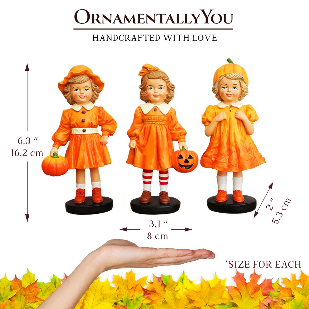 Inviting Pumpkin Girl Trio Set of Figurines, 6" Victorian Autumn Fall and Halloween Table Decoration