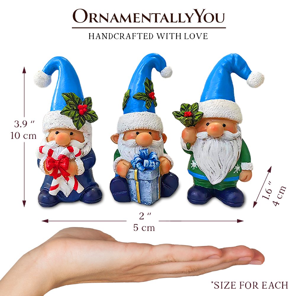 Sky Blue Hat Festive Holiday Gnome Set of Three Miniature Christmas Tabletop Figurine Statues