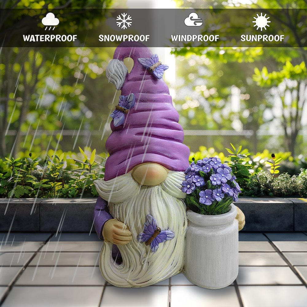 Garden Grace Lavender Gnome Figurine, 10"  Purple Home Decor Statue with Butterflies and Flowers