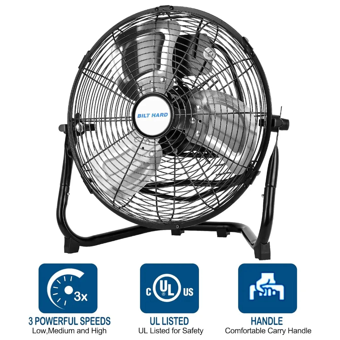 BILT HARD 12" 3-Speed High Velocity Heavy Duty Metal Floor Fan, 1650 CFM, 180-Degree Tilt, Powerful Airflow Fan