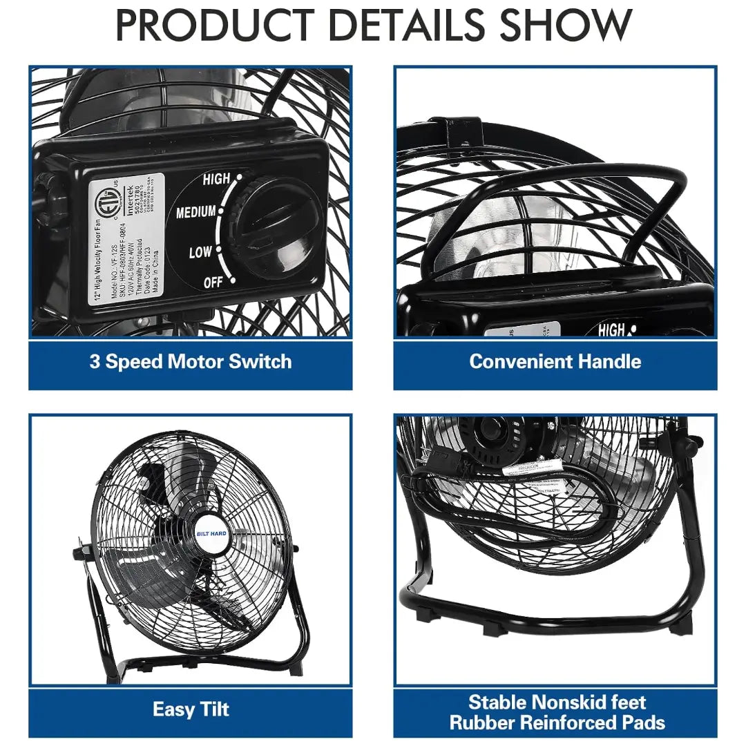 BILT HARD 12" 3-Speed High Velocity Heavy Duty Metal Floor Fan, 1650 CFM, 180-Degree Tilt, Powerful Airflow Fan