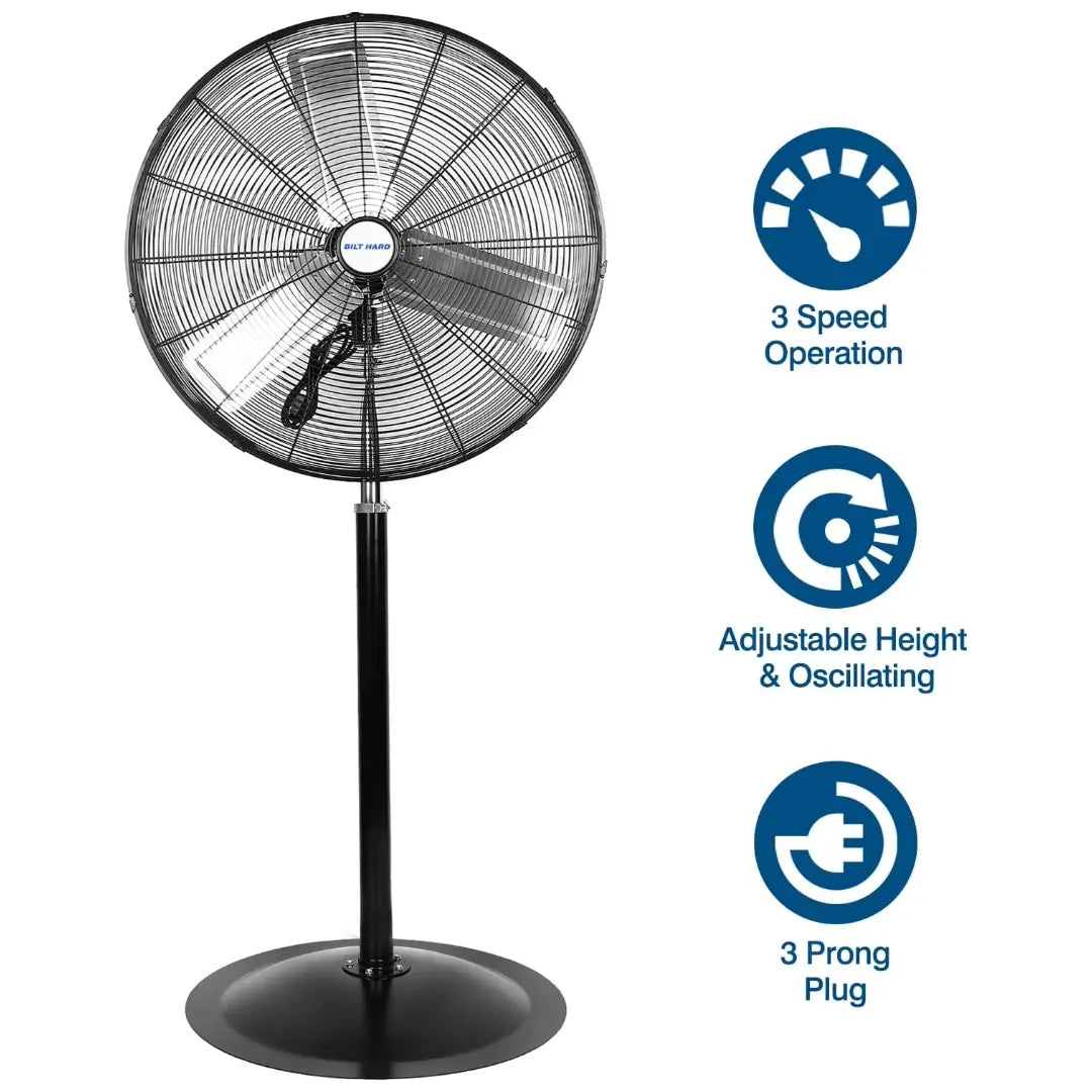 BILT HARD 24" High Velocity Pedestal Oscillating Fan, 6450 CFM 3-Speed Heavy Duty Industrial Standing Fan with Aluminum Blades and Adjustable Height, Metal Shop Fan