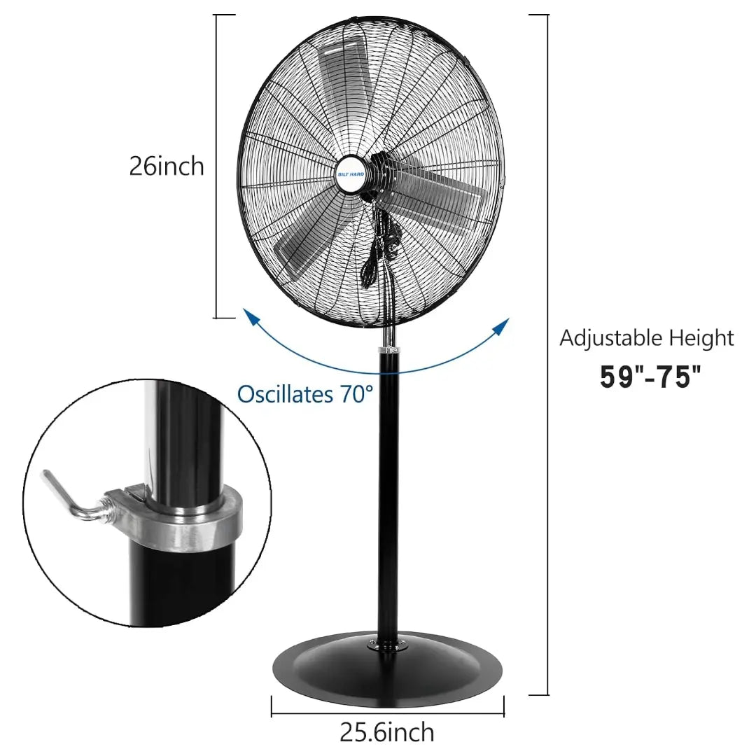 BILT HARD 24" High Velocity Pedestal Oscillating Fan, 6450 CFM 3-Speed Heavy Duty Industrial Standing Fan with Aluminum Blades and Adjustable Height, Metal Shop Fan