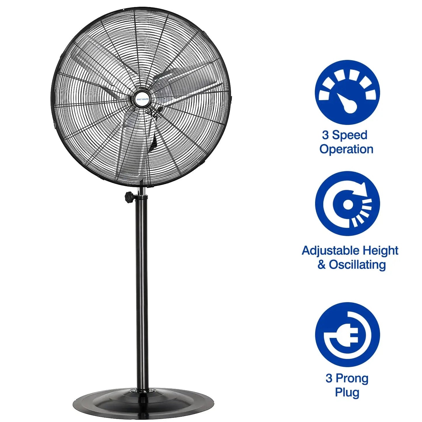 BILT HARD 30" High-Velocity Industrial Pedestal Fan - 3-Speed, Adjustable Height, Aluminum Blades