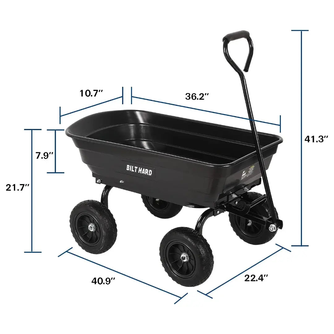 BILT HARD 4 Cu.Ft. 10" No-Flat Tires Poly Yard Dump Cart with 180° Rotating Handle, 600 lbs Capacity Heavy Duty Garden Carts and Wagons