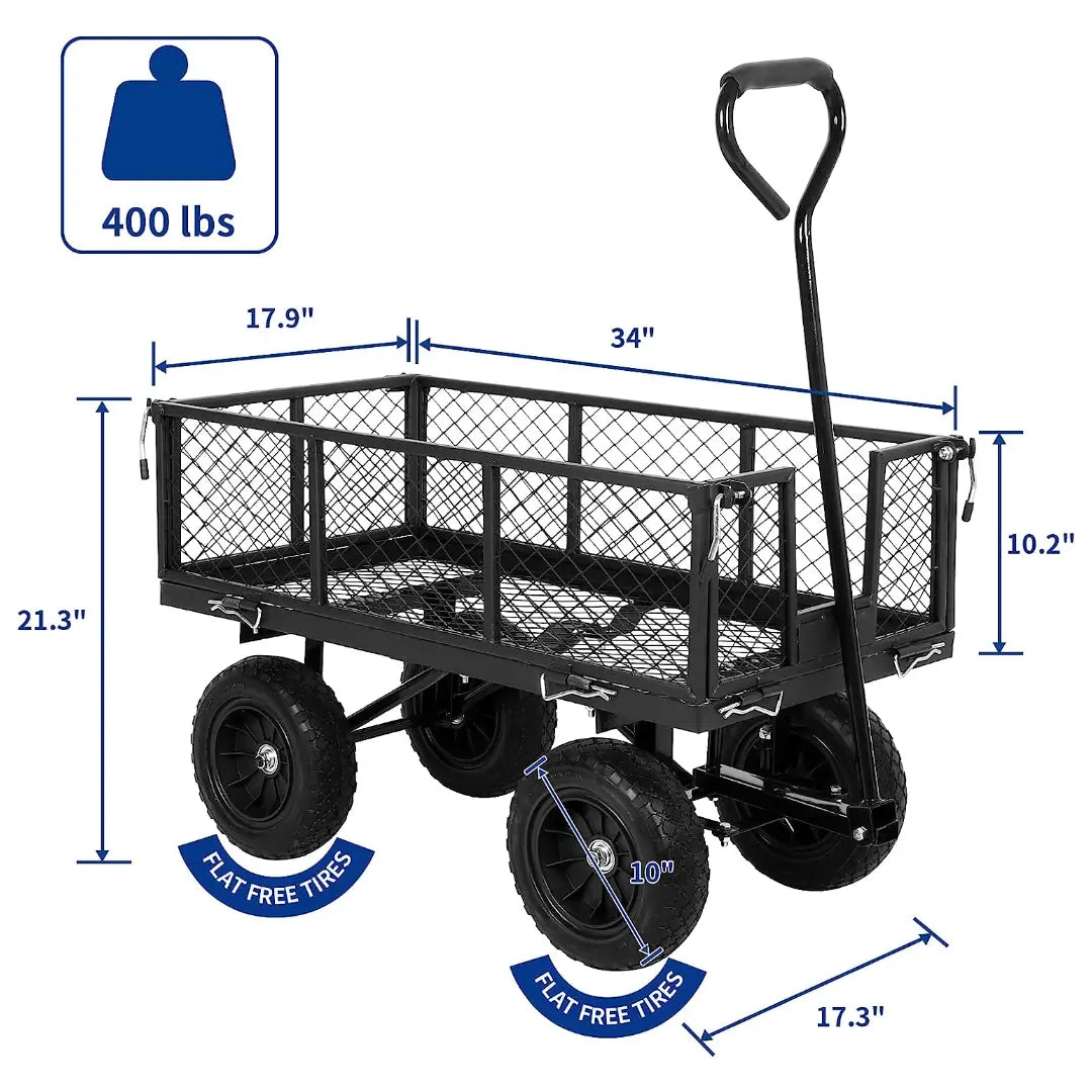 BILT HARD 400 lbs 10" Flat Free Tires Steel Garden Cart with 180° Rotating Handle and Removable Sides, 4 Cu.Ft Capacity Utility Heavy Duty Garden Carts and Wagons