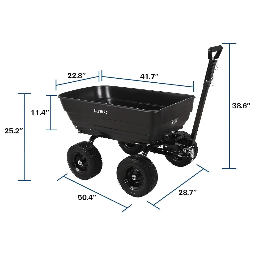 BILT HARD 7 Cu.Ft. 13 No-Flat Tires Poly Yard Dump Cart with 2-in-1 Convertible Handle, 1200 lbs Capacity Heavy Duty Garden Carts and Wagons Black